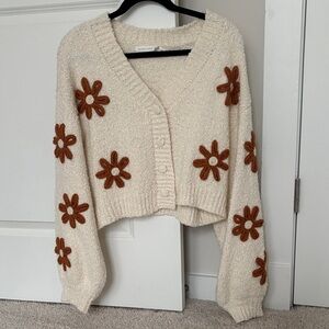 Altar'd State Cream Cardigan with Brown Floral Accents